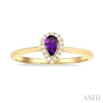 5x3 MM Pear Shape Amethyst and 1/20 Ctw Single Cut Diamond Halo Semi-Precious Ring in 14K Yellow Gold